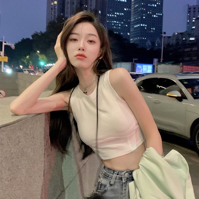 Áo croptop Xiaozhainv sát nách cổ tròn ôm dáng phong cách Hàn Quốc quyến rũ cho nữ