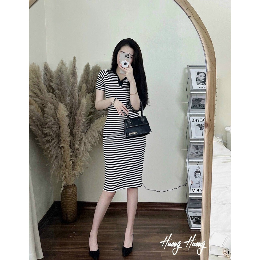 Đầm cổ trụ ôm body sọc ngang viền màu đen cực hot , chất thun gân mềm mát