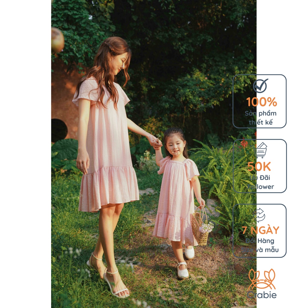 Trang phục đôi CRABIE cho Mẹ và Bé - Váy cộc tay suông nấm cổ vuông mùa hè mát mẻ - Amy Set - Hồng