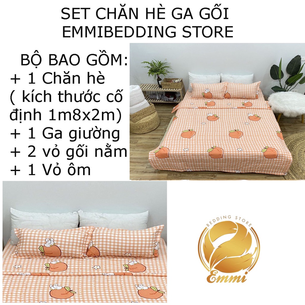 Set ga gối chăn hè chần bông Cotton EMMIBedding, mẫu Đào cam mền cotton họa tiết đáng yêu