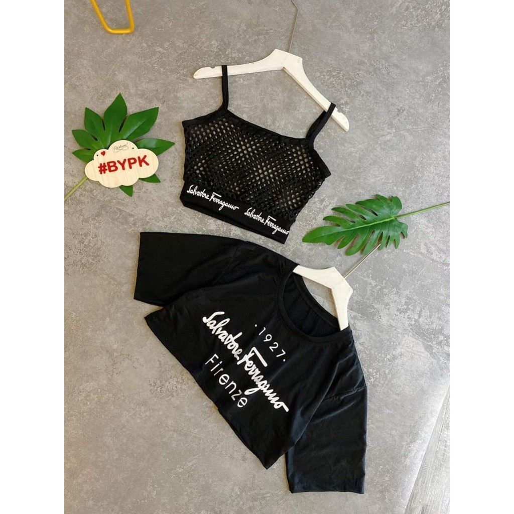 SET ÁO THUN CROPTOP KÈM BRA LƯỚI FORM RỘNG TAY LỠ ULZZANG - ÁO NHÓM CROP NGẮN TAY 28
