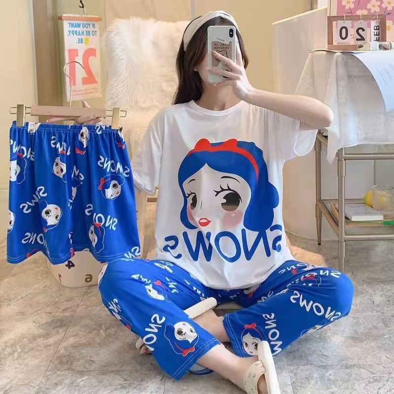 Bộ Đồ Ngủ Ba Món Áo Tay Ngắn Phối Quần Short Họa Tiết Hoạt Hình Dễ Thương Thời Trang Mùa Hè Cho Bạn Gái