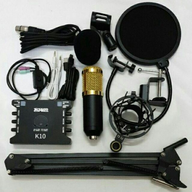 Combo bộ mic thu âm livestream hát karaoke BM900 K10 dây livestream màng lọc chân kẹp