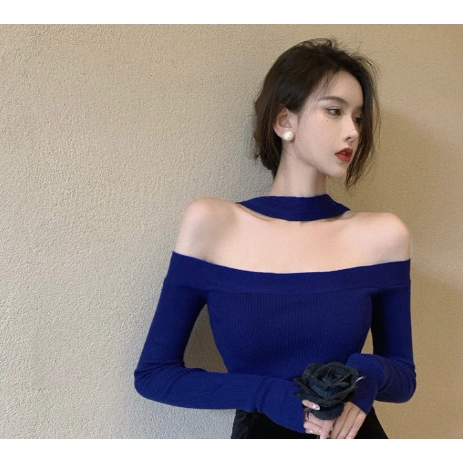 Áo dệt kim tay dài trễ vai dáng ôm thời trang quyến rũ cho nữ COZOK