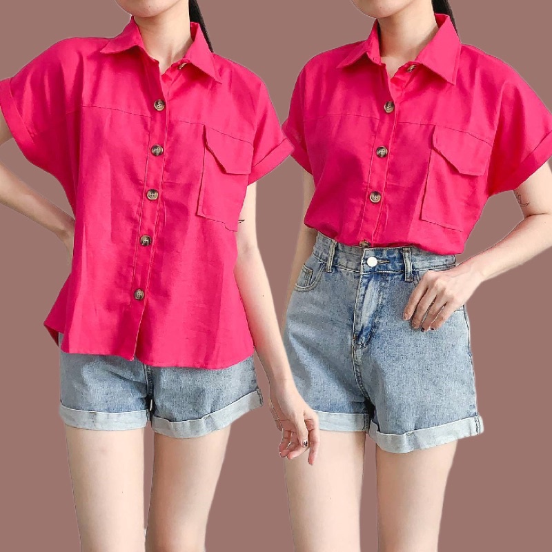 Áo Sơ Mi Nữ Tay Ngắn Màu Trơn Trà Xanh Thời Trang Đen
