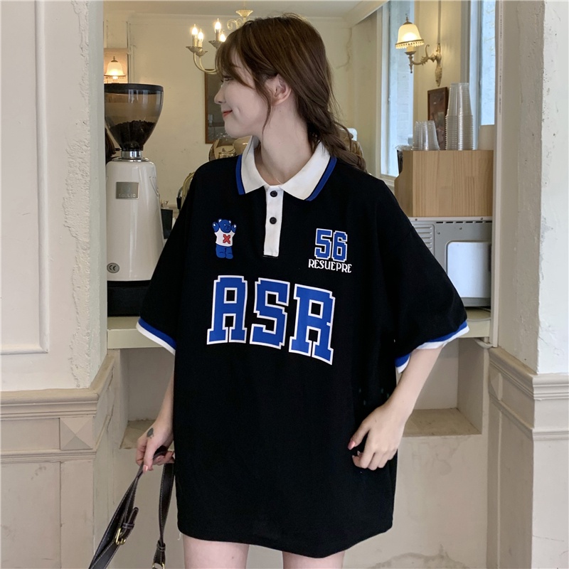 Áo polo Tay Ngắn Dáng Rộng In Chữ Phong Cách Retro Thời Trang Mùa Hè Cho Nữ