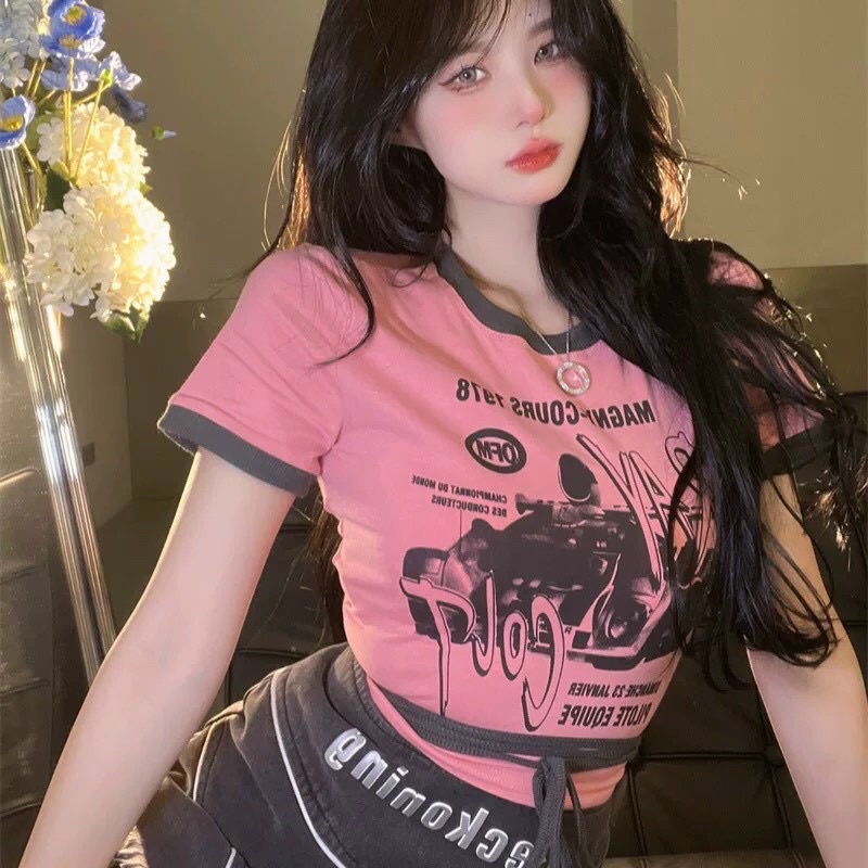 Áo SIÊU XE GB CỘT EO phối màu croptop cổ tròn thun borip tay ngắn cho Nữ -  alohashop91