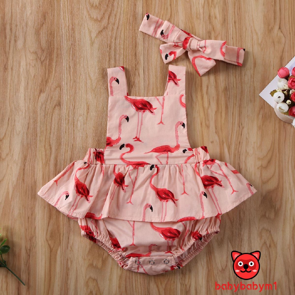 ♔BTY♔Summer Baby Girl Flamingo Print Cotton Romper