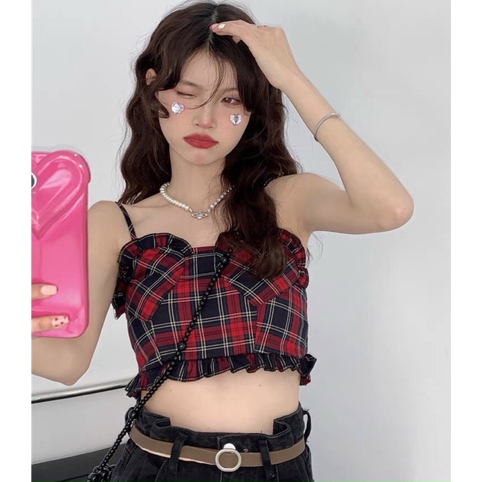 Áo 2 dây hoạ tiết kẻ caro phong cách Retro dễ thương hàng QC