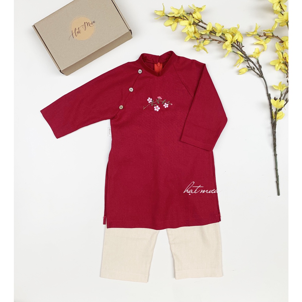 Áo dài bé gái Thanh Trúc thêu tay vải linen mềm mịn màu đỏ đô (kèm quần linen màu be)