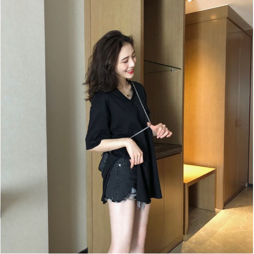 Áo Thun Nữ - Áo thun cổ tim xẻ tà lụa giấy LE16 | BigBuy360 - bigbuy360.vn