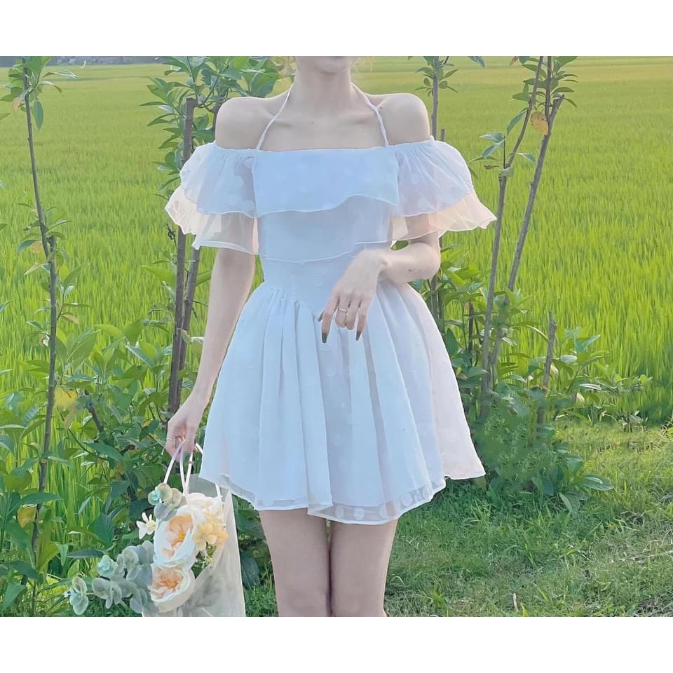 Đầm bẹt vai trắng nổi dây cổ yếm KÈM ẢNH THẬT