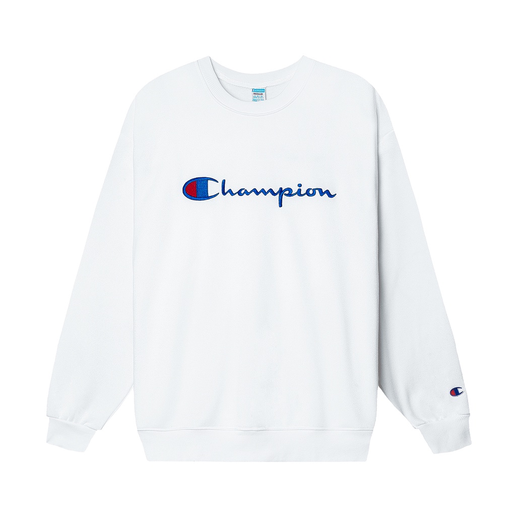 Áo Tay Dài Sweater Thêu Logo Champion Chữ To Có Chất Liệu NỈ Bông Cotton Màu Trắng