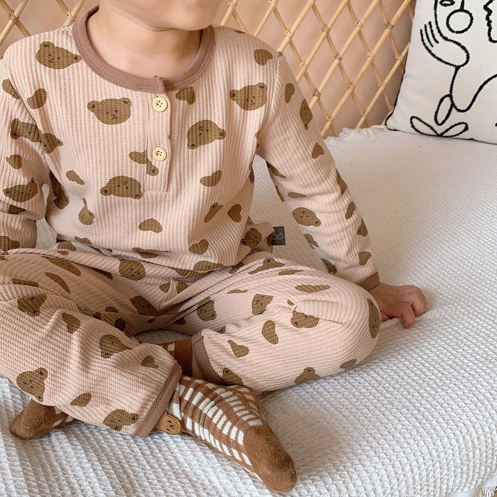 Set quần áo sơ sinh vải cotton tổ ong mặt gấu họa tiết trái tim dài tay, Bộ quần áo bé trai và bé gái mềm mại thoáng mát