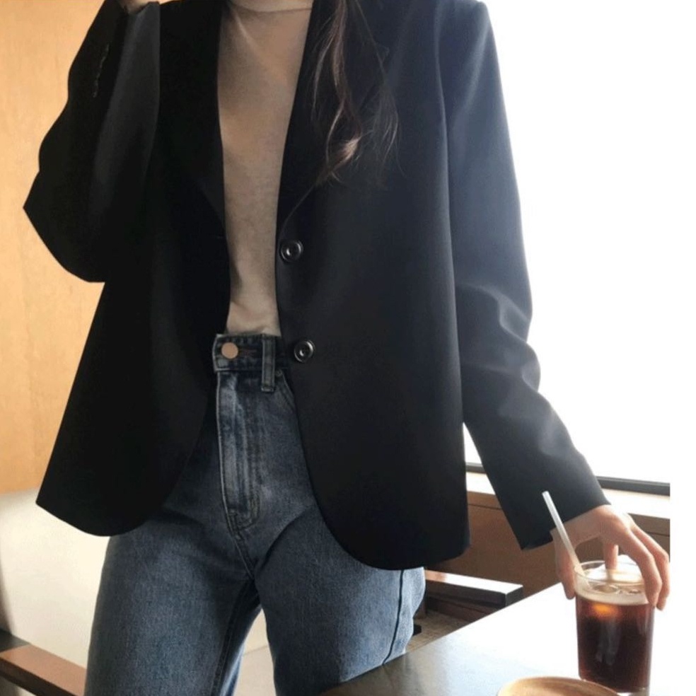 SUXI Áo Khoác Blazer Tay Dài Dáng Rộng Màu Sắc Đơn Giản Phong Cách Vintage Hàn Quốc