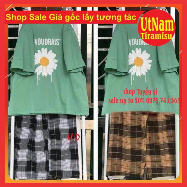 Sét áo hoa cúc chảy rãi + quần kẻ C♥️FREESIZE Phom rộng tay lỡ unisex♥️ phong cách hàn quốc giá rẻ