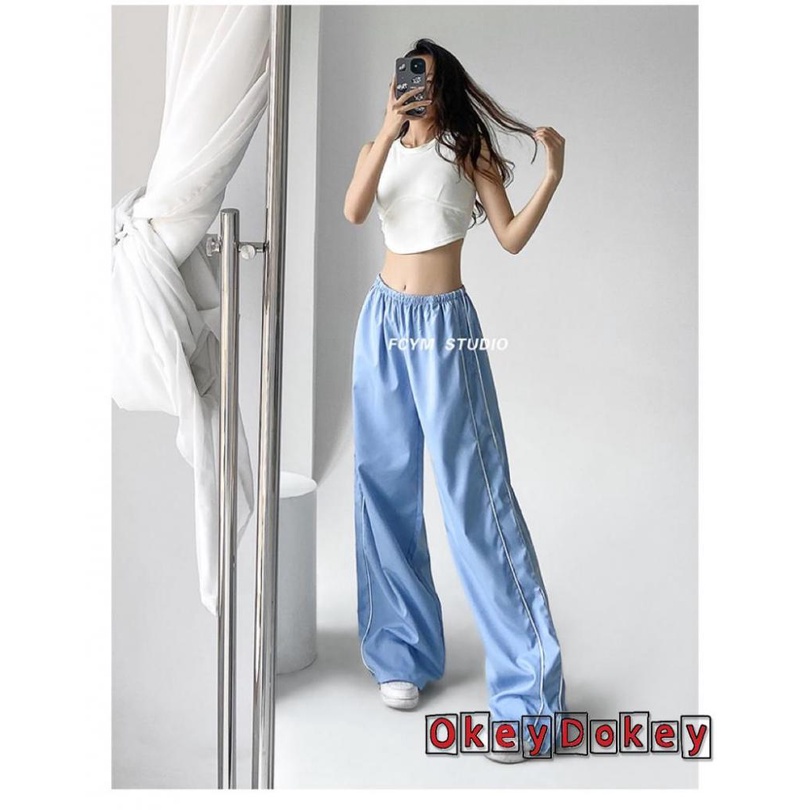 Quần Dài Dáng Suông Rộng Cột Dây Eo Thiết Kế Kẻ Sọc Bên Hông Cho Nữ