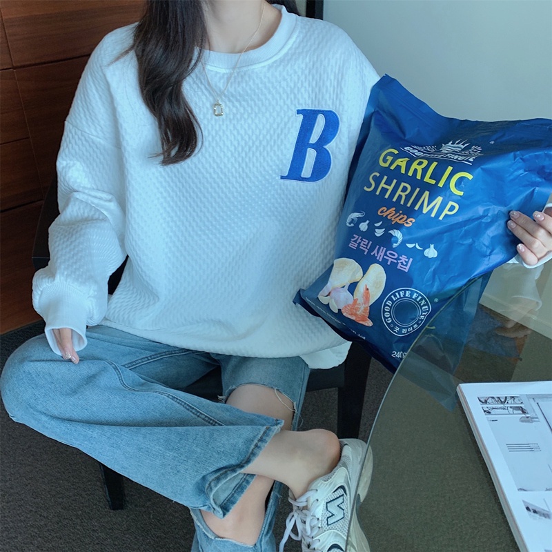 Áo thun / Áo sweater tay dài cổ tròn dáng rộng thêu chữ cái năng động dễ phối đồ