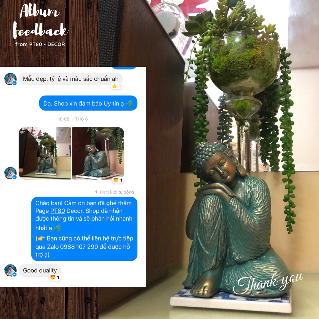 Tượng Phật An Nhiên PT80 màu đồng ánh xanh, thần thái sắc nét decor không gian phong thủy, sân vườn