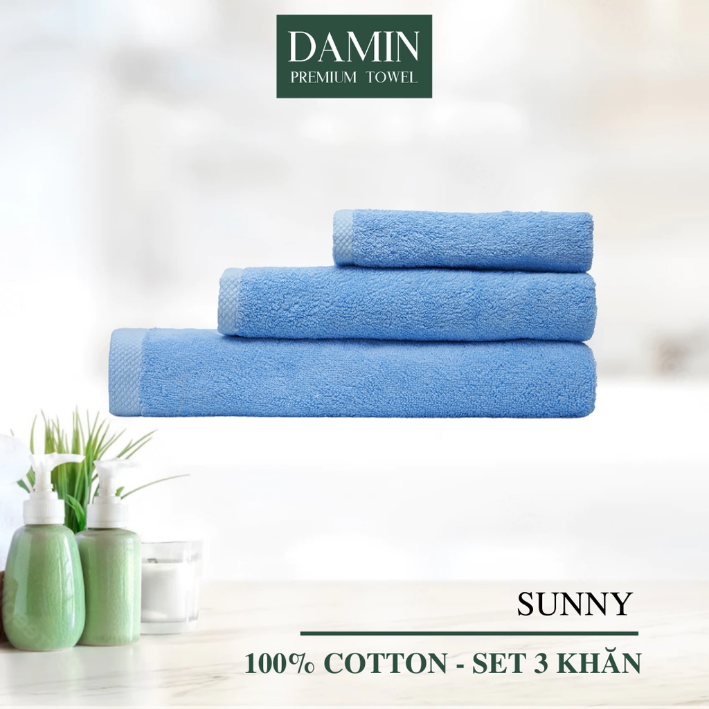 Bộ 3 khăn mặt, tắm, gội Damin Sunny 100% cotton - màu xanh
