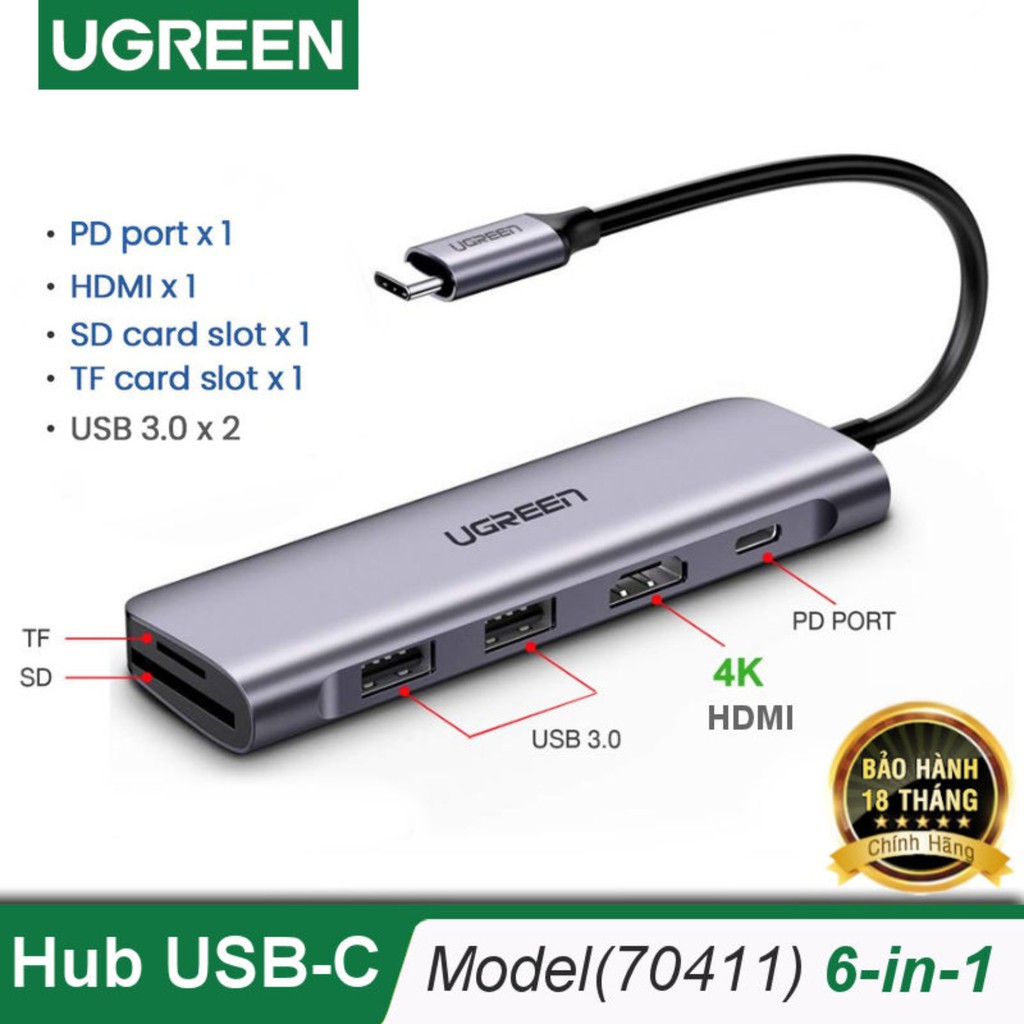 Hub USB-C 6 in 1 Ugreen 70411(ra HDMI,2USB3.0+SD/TF+PD100W) Chính Hãng