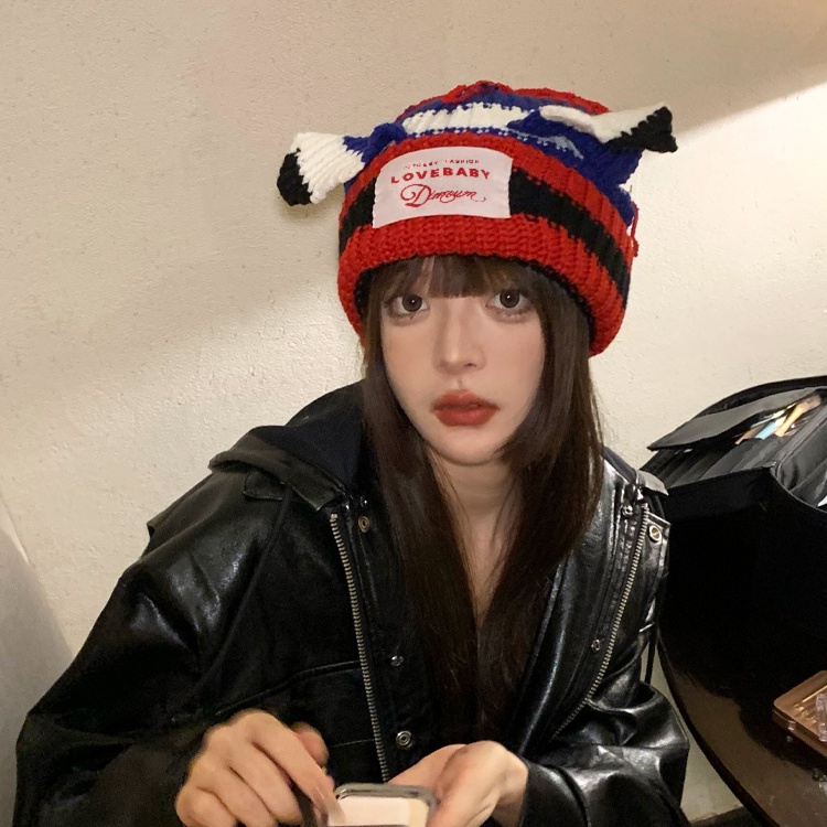 Mũ Len Dệt Kim Tai Mèo Màu Sắc Tương Phản Phong Cách Hàn Quốc Dễ Thương