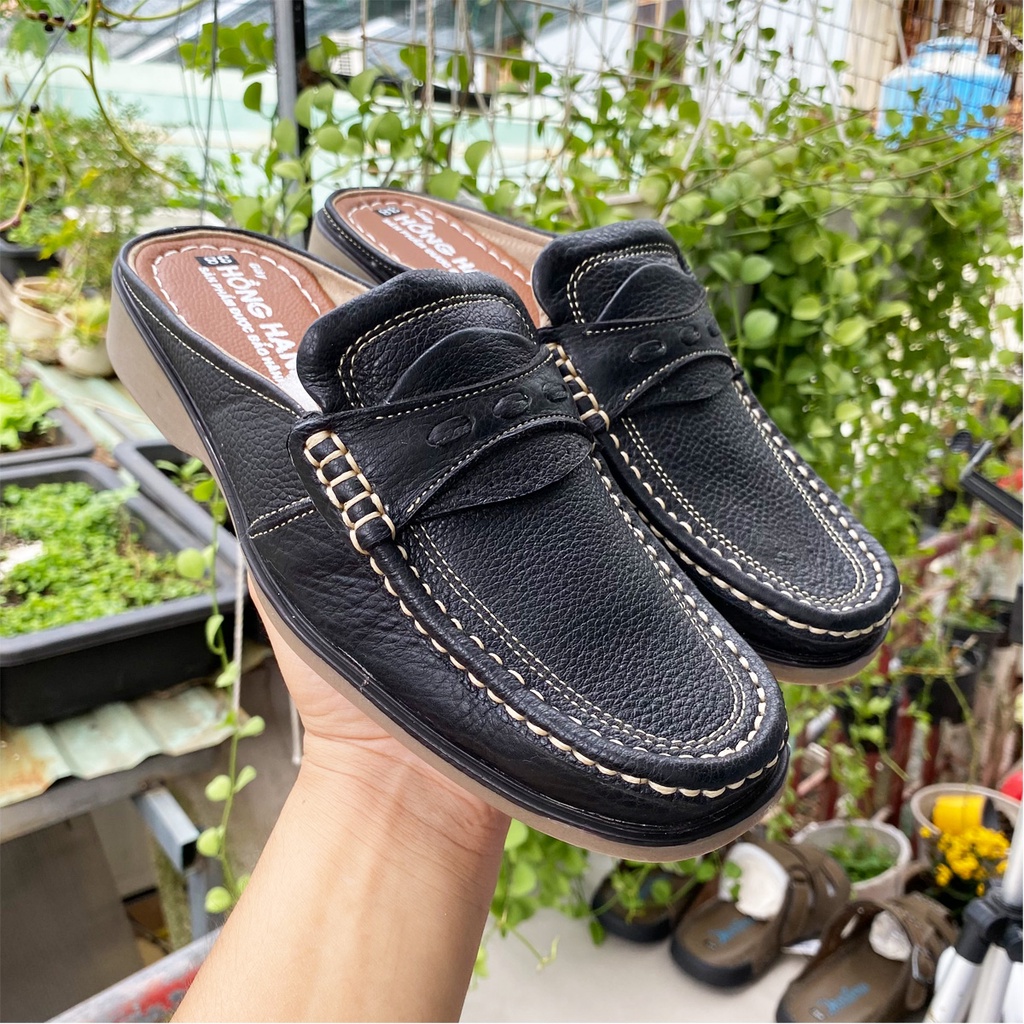 Giày sục da Hồng Hạnh da thật 100% màu đen, nâu