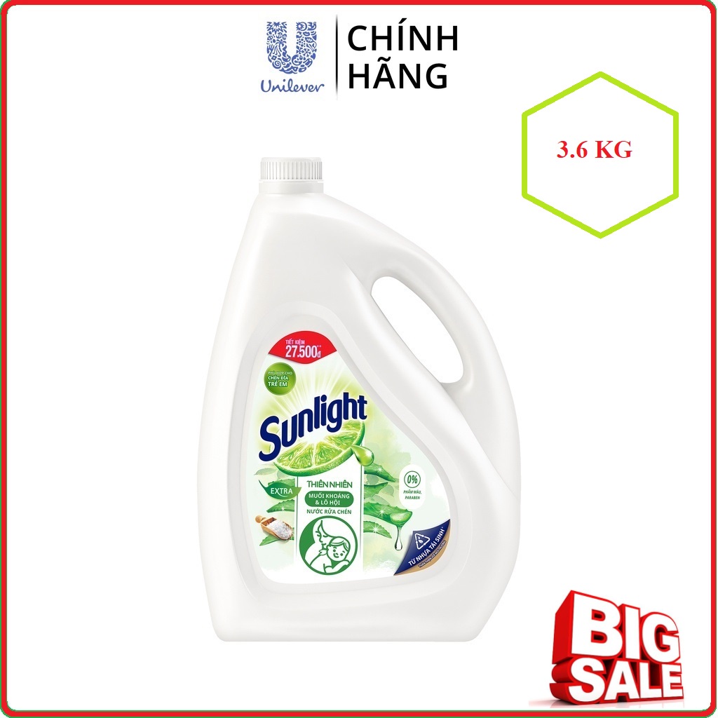 Nước Rửa Chén SUNLIGHT Thiên Nhiên Muối Khoáng & Lô Hội Can 3,6Kg