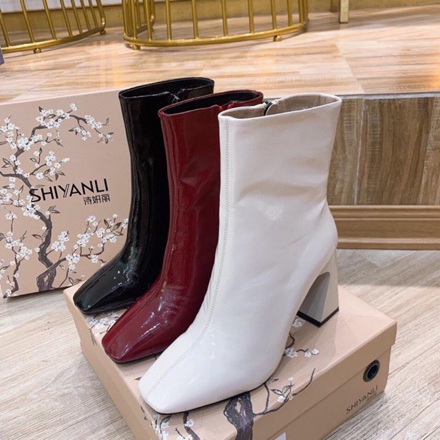 Bốt boot da bóng gót vát cách điệu fullbox