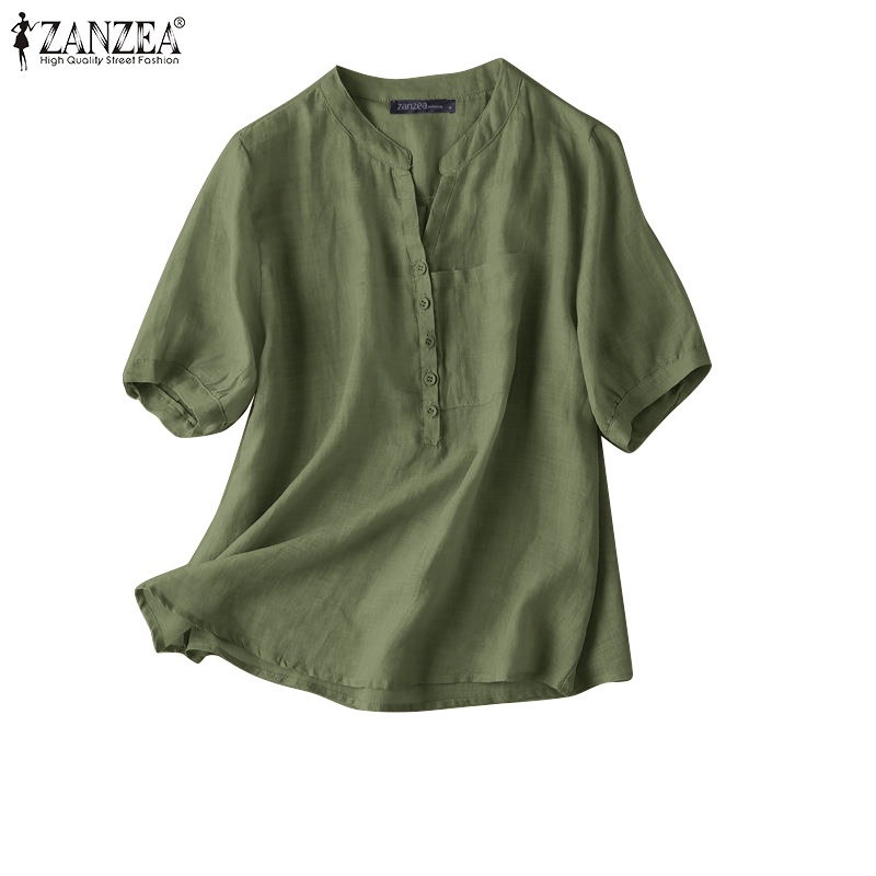 Áo sơ mi ZANZEA tay lửng 3/4 cài nút màu trơn thời trang vintage cho nữ