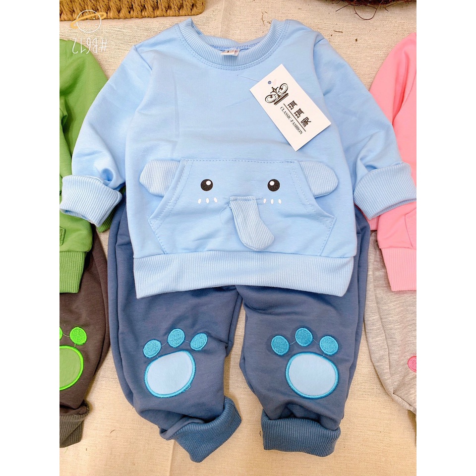 Bộ Dài Tay Chất Nỉ Da cá Túi Hình Động Vật Nghộ Nghĩnh Cho Bé Size 8- 18 kg