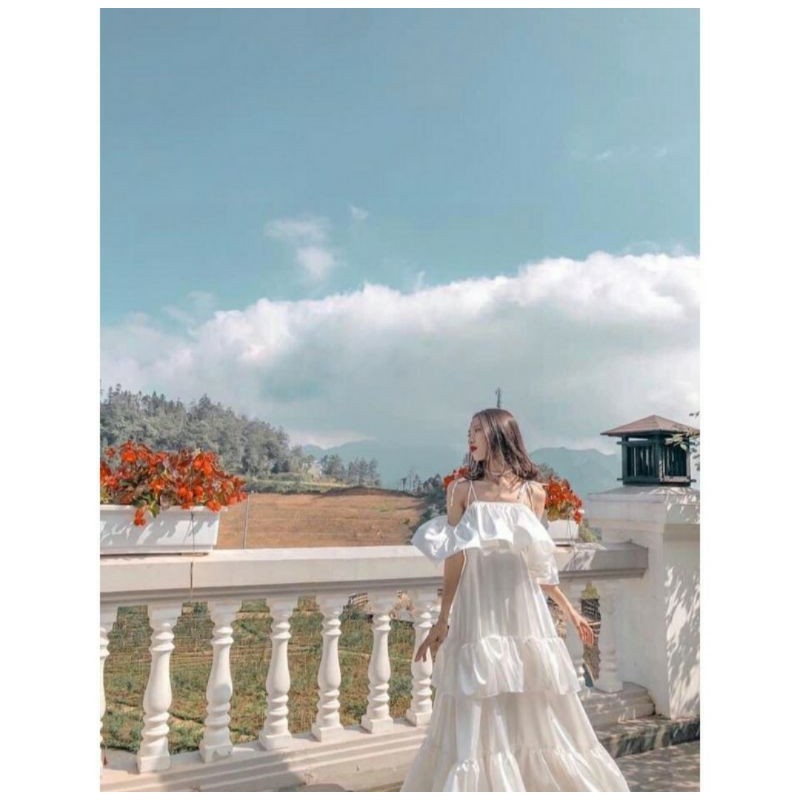 Maxi trễ vai bèo nhiều tầng công chúa, Đầm Công Chúa kèm video hình ảnh thật