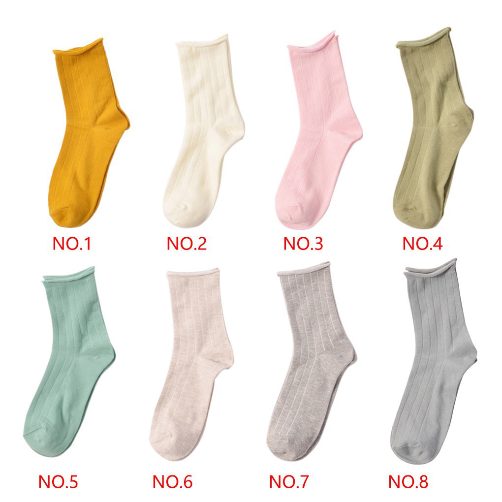 Women Girl Cotton Solid Color Loose Roll Up Casual Socks