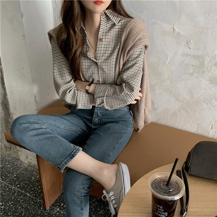 Áo sơ mi RENJIANVSHENG 164210 tay dài xếp nếp phong cách Hong Kong retro thời trang