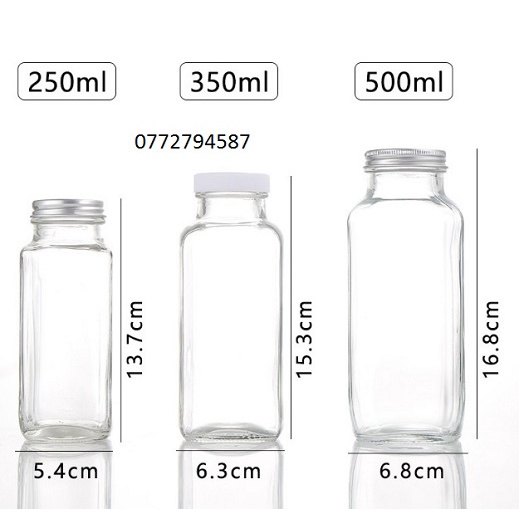 Chai thủy tinh dáng vuông đựng sữa, nước ép cao cấp nắp nhựa, nắp nhôm 250ml~350ml~500ml