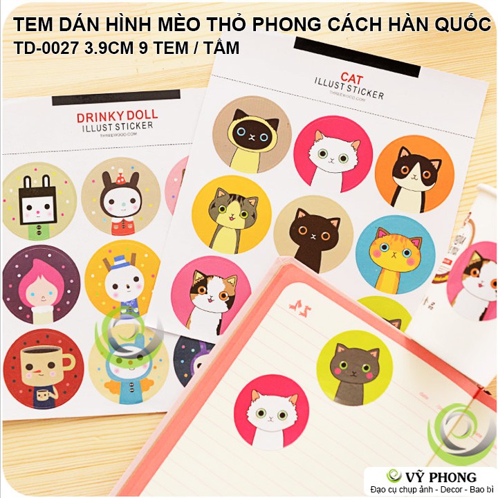 TEM DÁN STICKER HOẠT HÌNH HÀN QUỐC CAT AND DRINKY DOLL NHÃN DÁN TRANG TRÍ BAO BÌ TÚI HỘP TD-0027