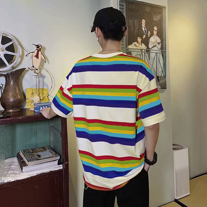 Áo thun sọc nam nữ cầu vồng lục sắc , tay lỡ form rộng | BigBuy360 - bigbuy360.vn