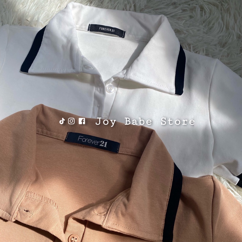 Croptop Polo nữ JOY BABE💛 nút áo tháo rời, thun xịn Forever 21 ôm co giãn 4 chiều💜 cổ bẻ sơ mi trụ trắng đen CRON 12 -4E