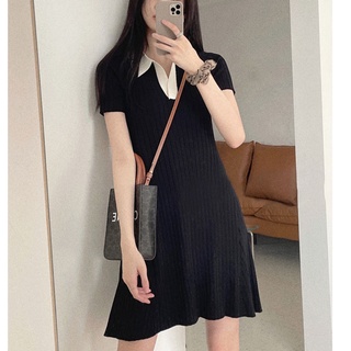 Đầm Dệt Kim Màu Đen Cổ Polo Phong Cách Hàn Quốc