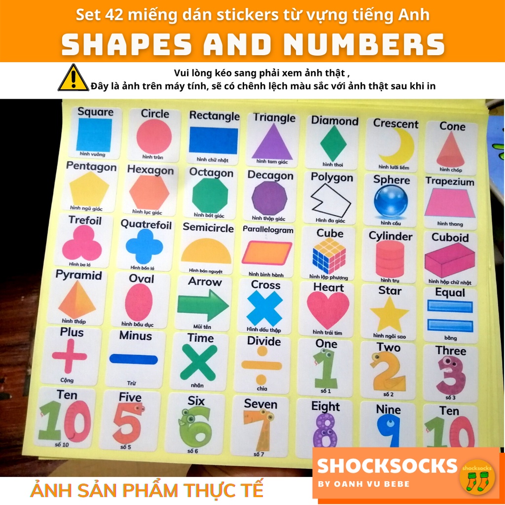 🔥42 miếng dán stickers từ vựng tiếng Anh chủ đề HÌNH VÀ SỐ - 42 Eng/Vi vocabulary stickers topic SHAPES AND NUMBERS 🔥