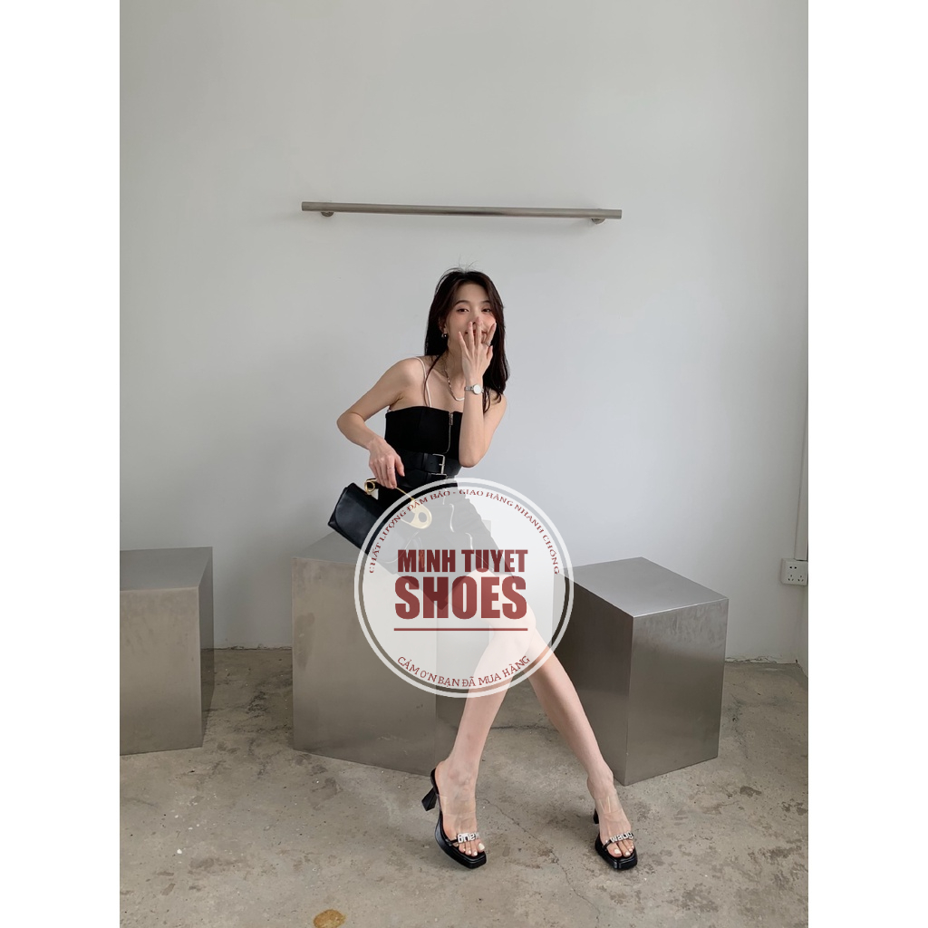 giày sandal cao gót nữ minhtuyetshoes đế nhọn 9cm đúp mũi quai ngang trong chữ waug mẫu mới