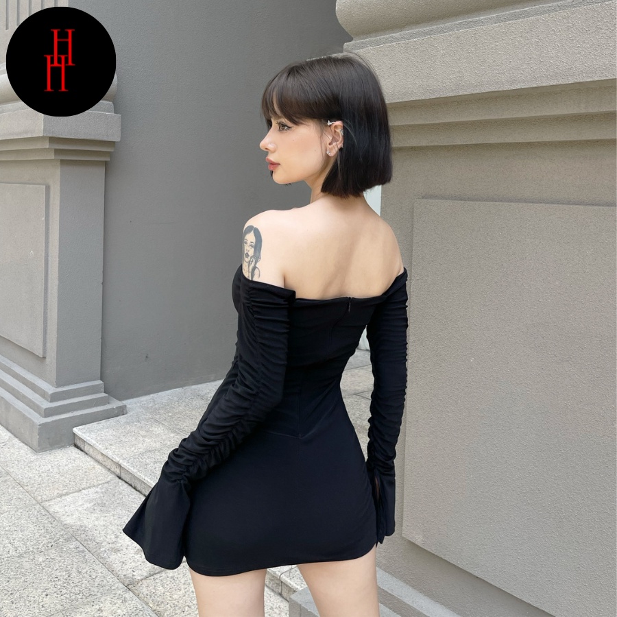Đầm trễ vai tay dài màu nude &amp; đen váy body hở vai HDT275 Hỉn Hỉn Store