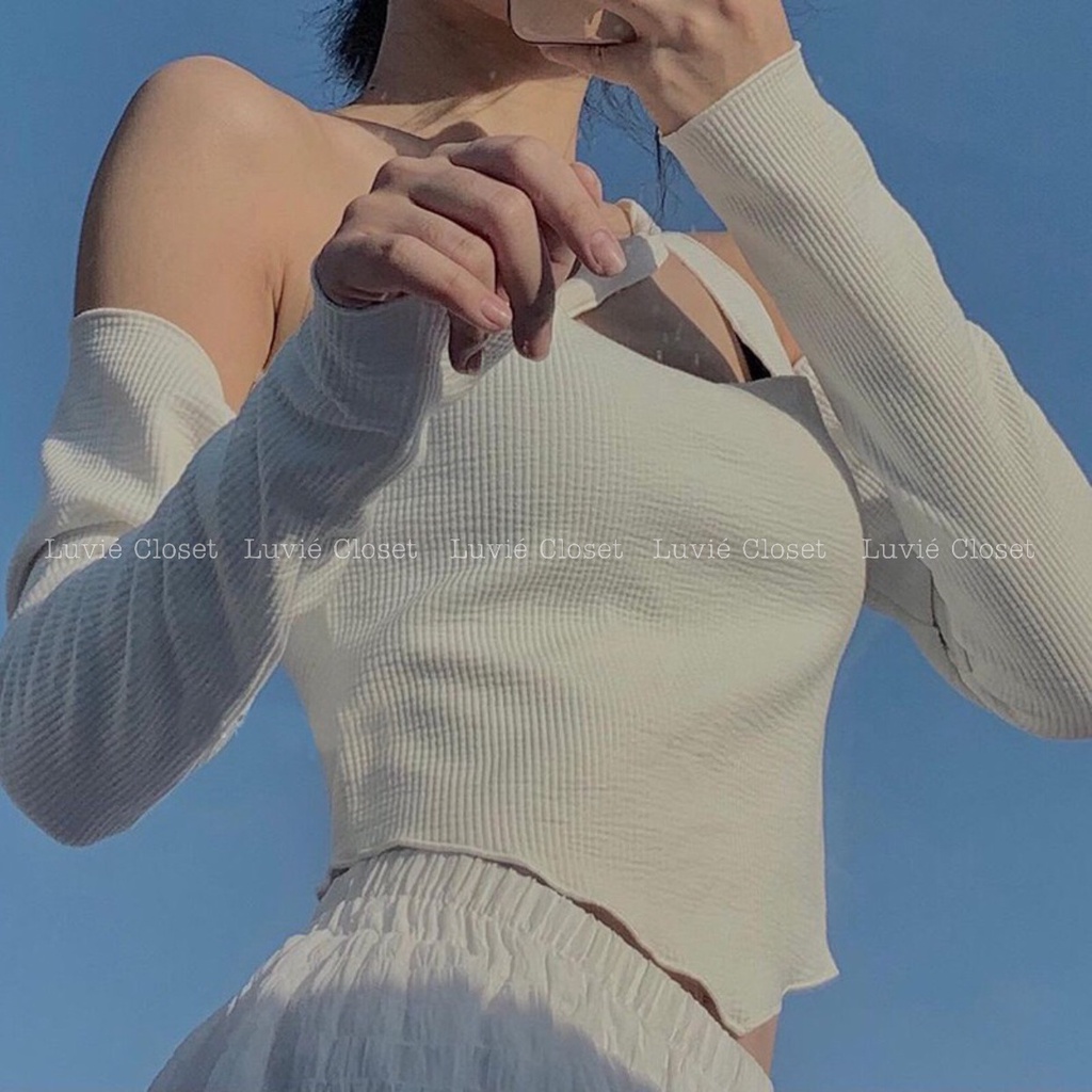 Áo Croptop Ôm Trễ Vai Dây Chéo Cổ Tà Vạt Nhọn Tay Dài Cá Tính, Áo Kiểu Hở Vai Bẹt Vai Rớt Vai Nữ