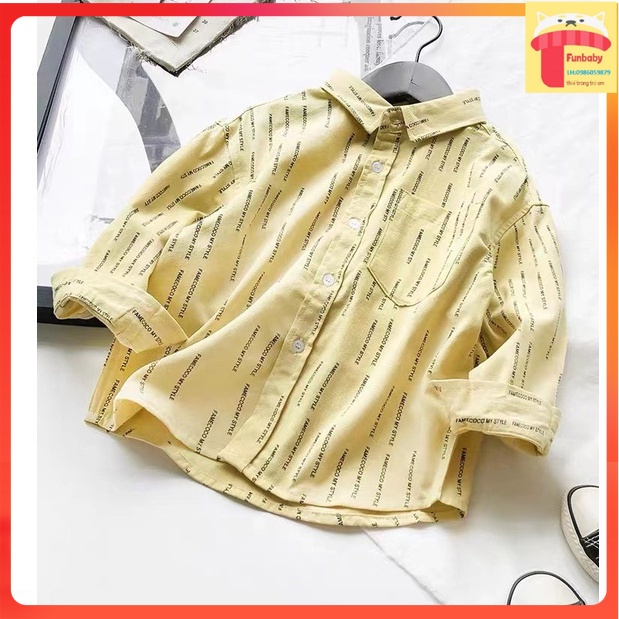 Áo sơ mi cho bé dài tay 2-8 tuổi in chữ FAMECOCO hãng Tommy xuất khẩu, Sơ mi bé trai vải thô mềm dáng thời trang