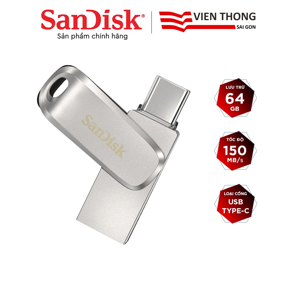 USB OTG 3.1 Gen 1 SanDisk 64GB SDDDC4 Ultra® Dual Drive Luxe USB Type-C upto 150MB/s vỏ kim loại