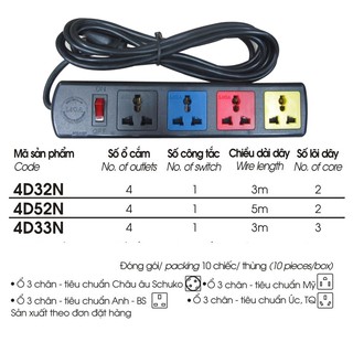 Ổ cắm điện 4 lỗ đa năng có công tắc (4 lỗ 3) Lioa 4D32N