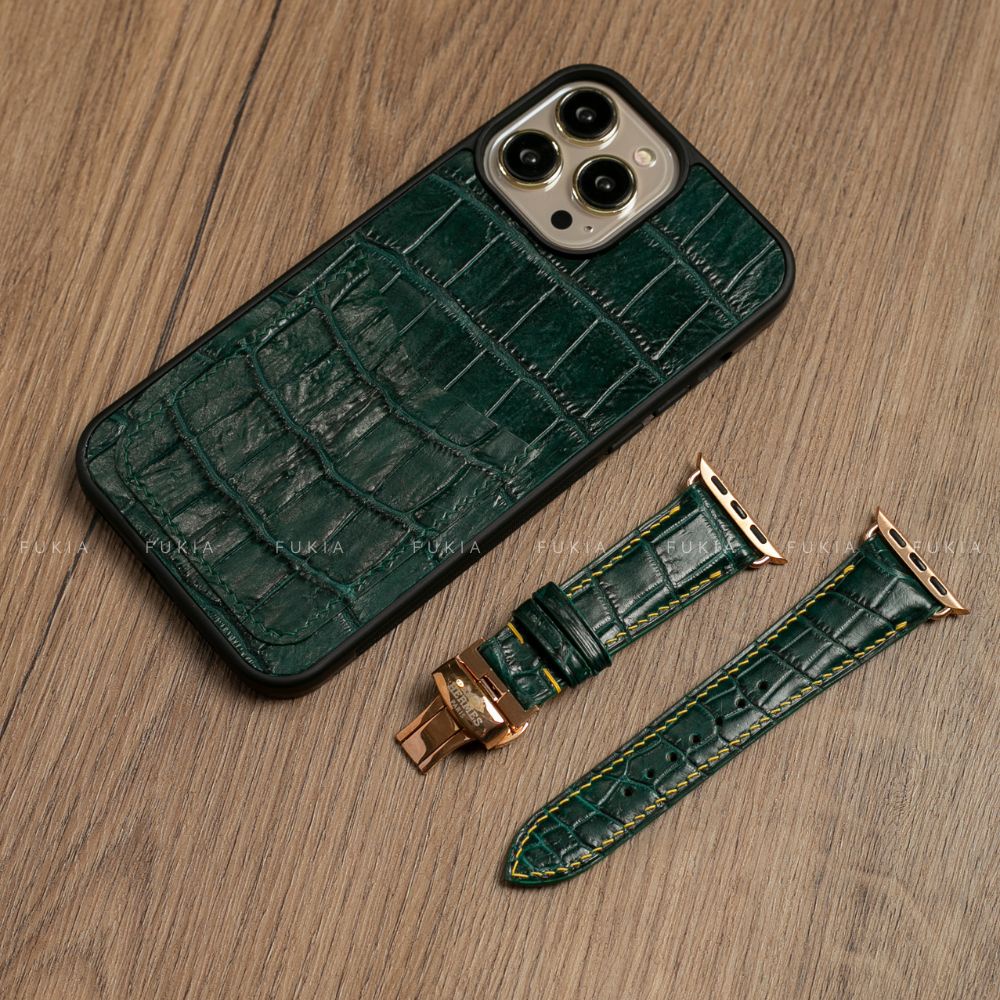 Ốp da thủ công viền đen khe thẻ Cá Sấu Xanh Rêu cho IPhone 14/14Plus/14Pro/14Promax/13/13Pro/13Promax/12Promax ODTC149