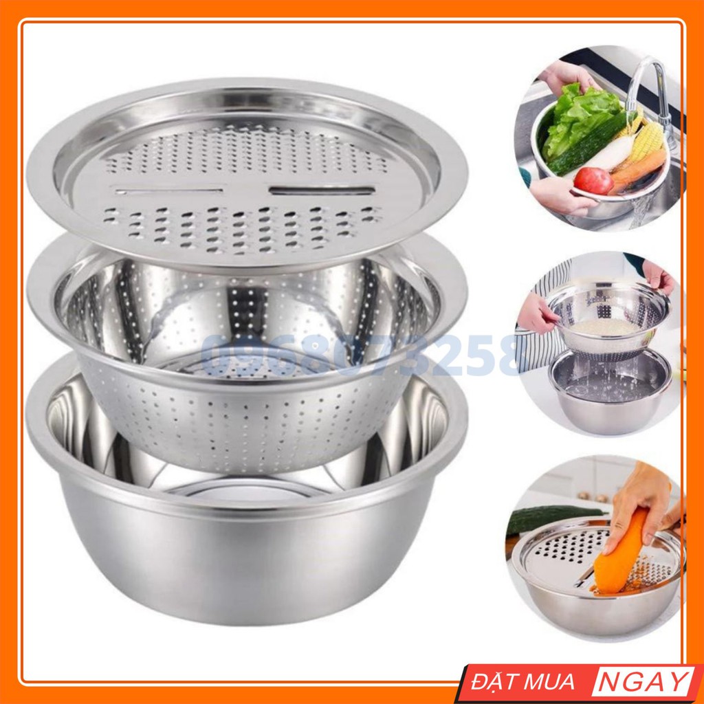 Rổ Nạo Inox Nạo Rau Củ Đa Năng 3in1 Xoay 360 Độ - Bộ Bào Nạo Rau Củ Kiêm Rổ Và Chậu Inox Đa Năng