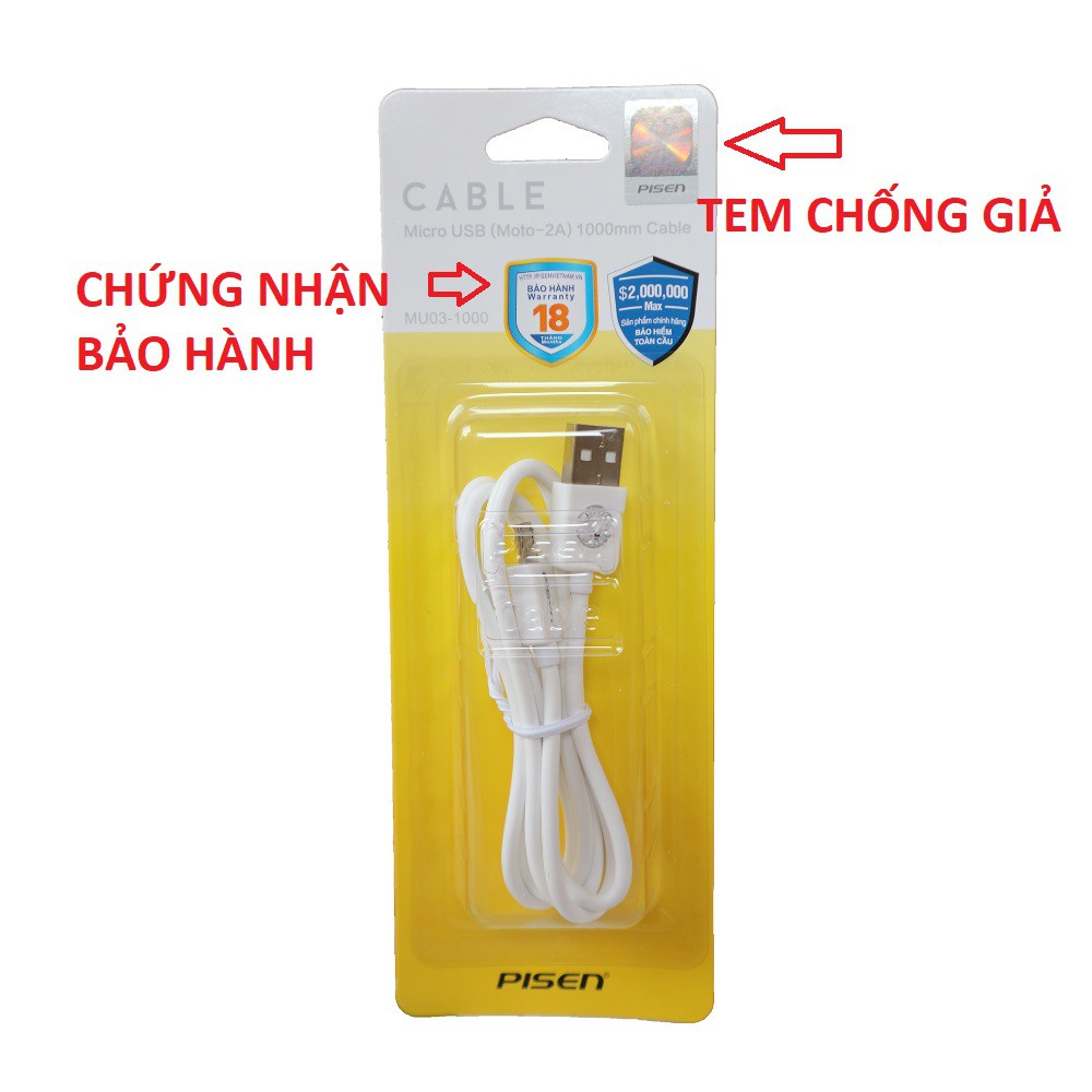 Cáp sạc điện thoại Pisen cổng MicroUSB - Hàng chính hãng bảo hành 18 tháng