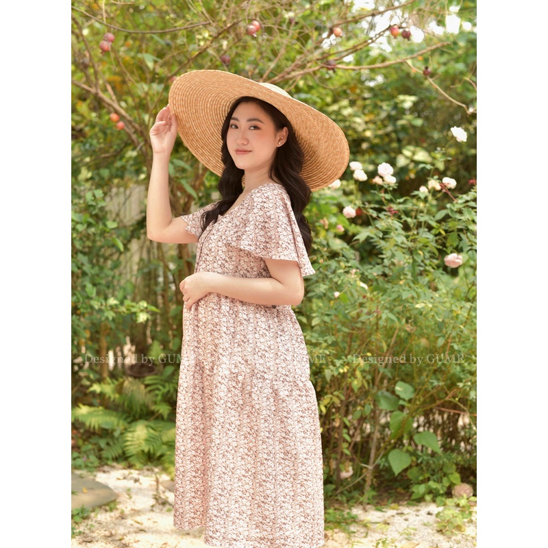 Váy bầu bigsize thiết kế GuMe dáng babadoll tay chuông cổ vuông phối cúc chất vải đũi tơ cao cấp size từ 40-100kg GM020